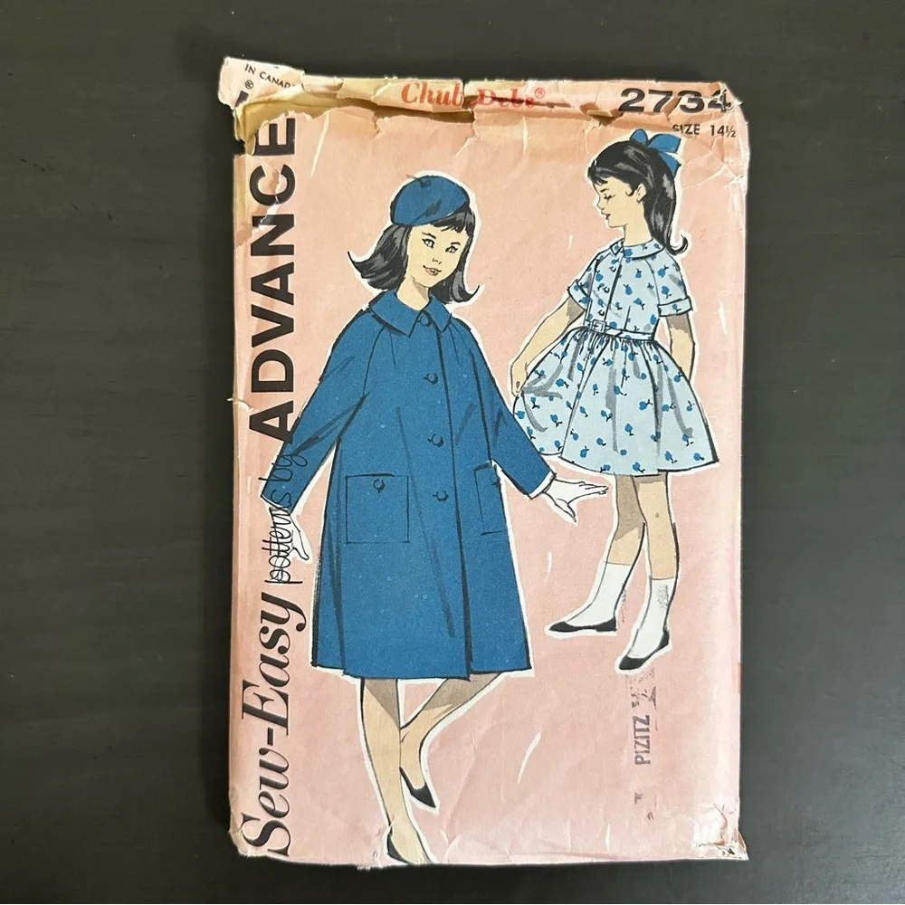 Vintage Sewing Pattern Sew Easy Advance Girls Dress Coat 1960s Size 14.5 Classic